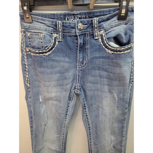 Grace in LA Embellished Pockets Distressed Denim Jeans Womens Bootcut sz 26 - Picture 7 of 15